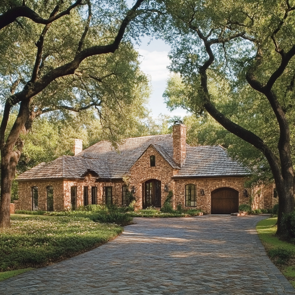 A Texas brick home surrounded by Mesquite trees with an elegant Presidential shingle roof