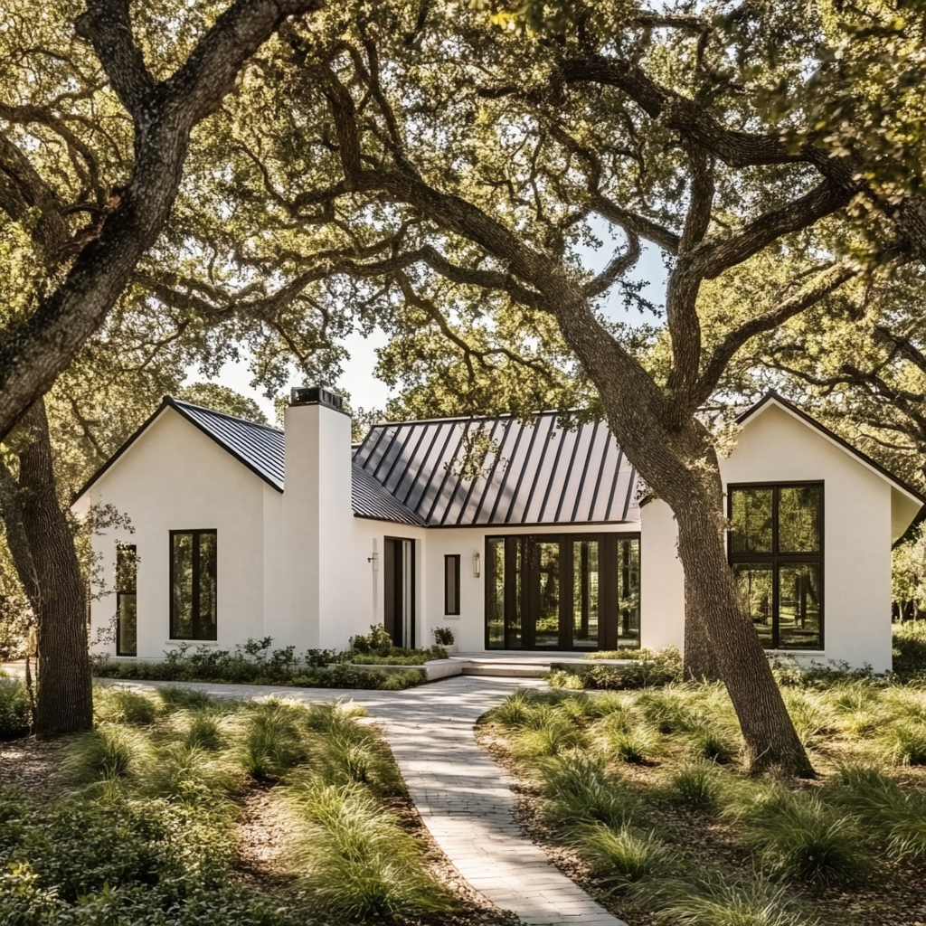 Modern Texas home surrounded by Live Oak Trees with a sleek, elegant metal roof